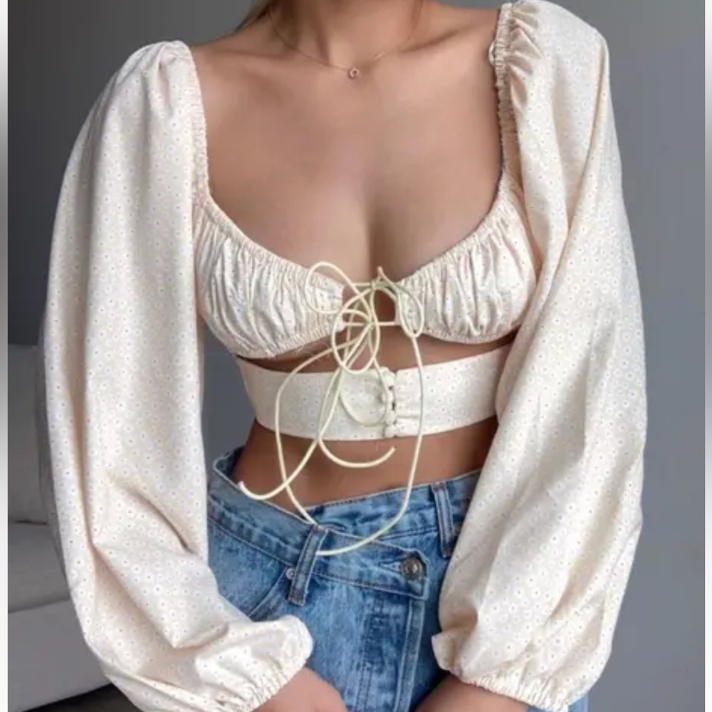 White Fox floral cropped long sleeved cut out top